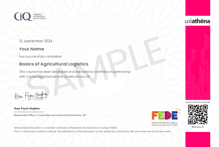 Basics of Agricultural Logistics Sample Certificate