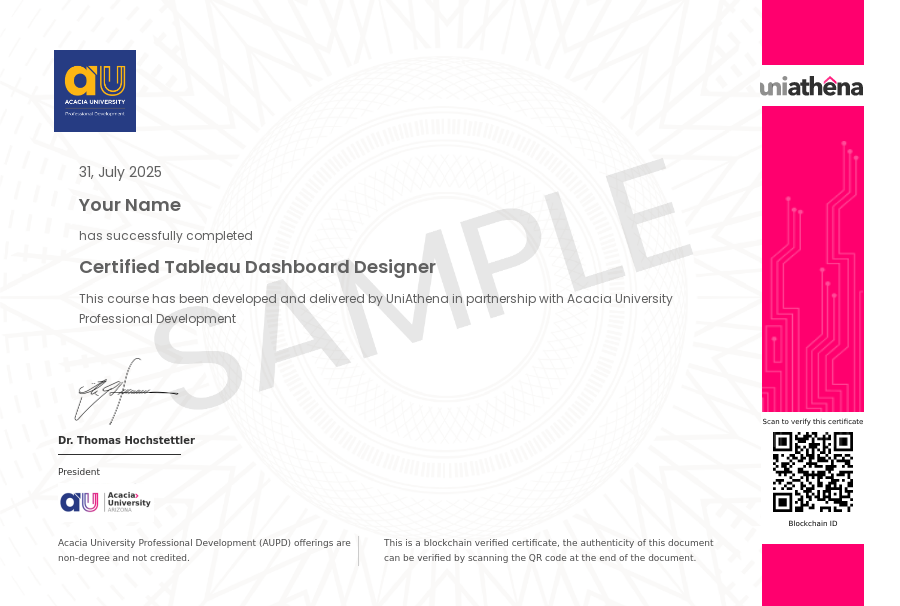 Certified Tableau Dashboard Designer Sample Certificate
