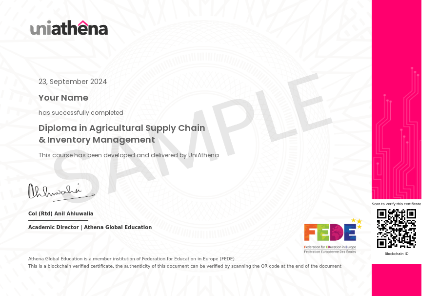 Diploma in Agricultural Supply Chain & Inventory Management Sample Certificate