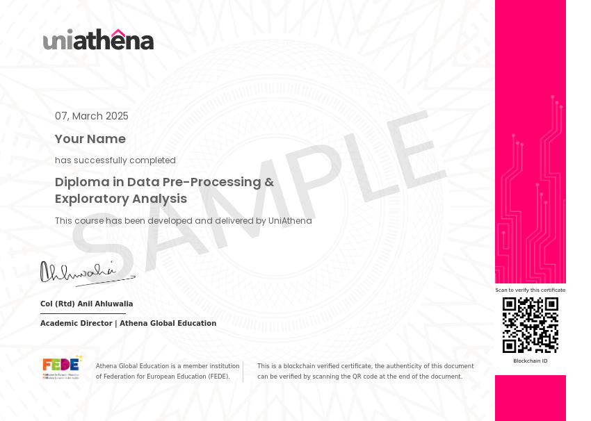 Diploma in Data Pre-Processing & Exploratory Analysis Sample Certificate