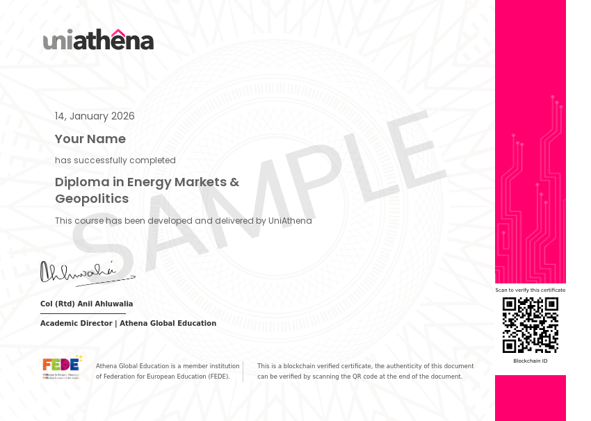 Diploma in Energy Markets & Geopolitics Sample Certificate