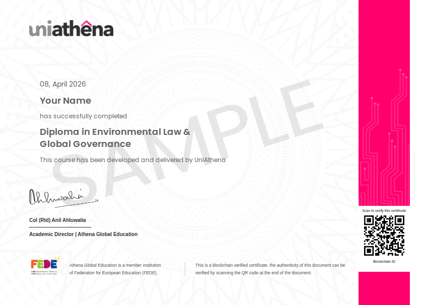 Diploma in Environmental Law & Global Governance Sample Certificate