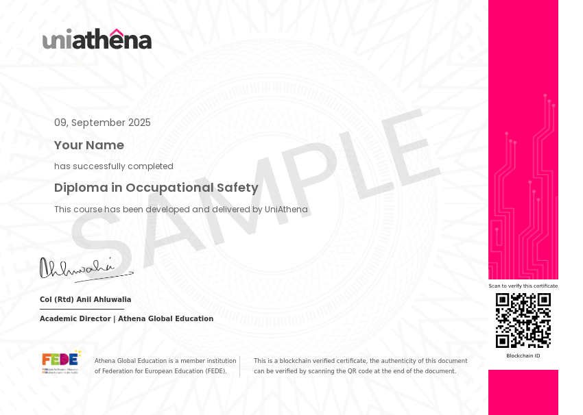 Diploma in Occupational Safety Sample Certificate