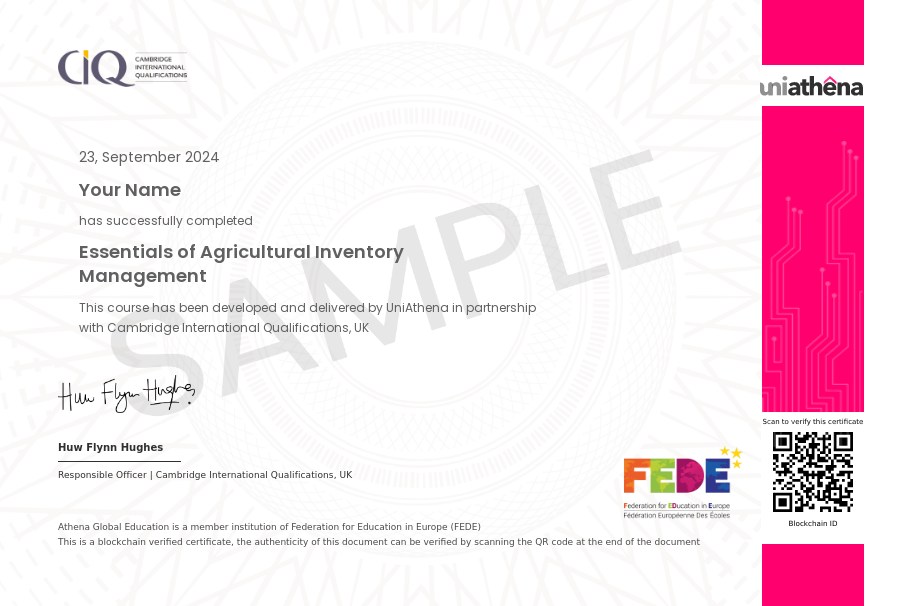 Essentials of Agricultural Inventory Management Sample Certificate