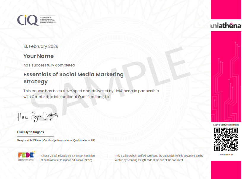 Essentials of Social Media Marketing Strategy Sample Certificate