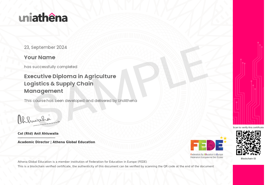 Executive Diploma in Agriculture Logistics & Supply Chain Management Sample Certificate