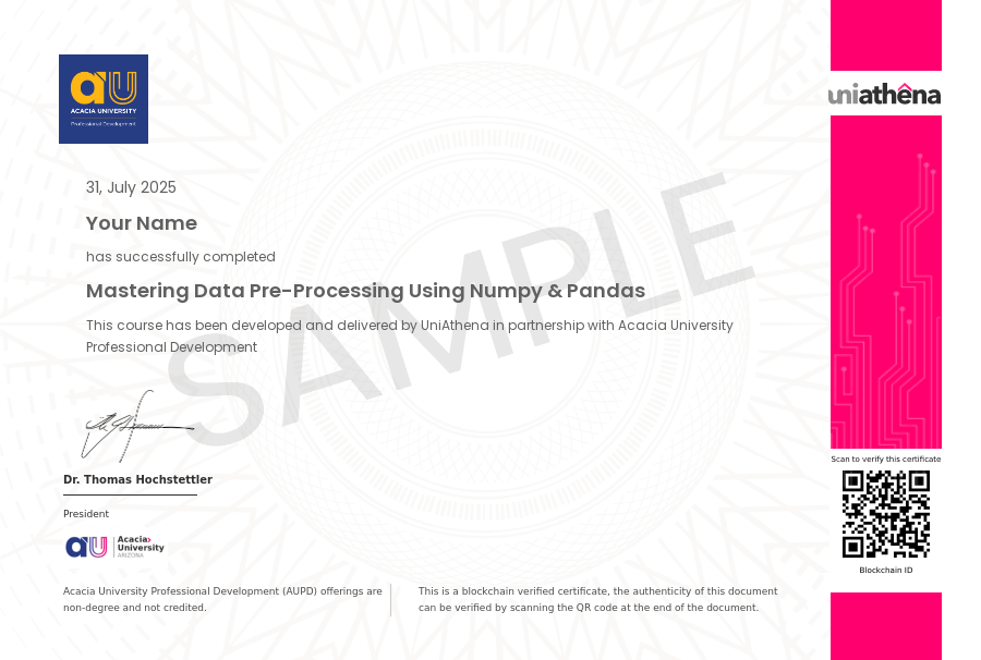 Mastering Data Pre-Processing Using Numpy & Pandas Sample Certificate