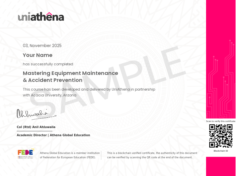 Mastering Equipment Maintenance & Accident Prevention Sample Certificate
